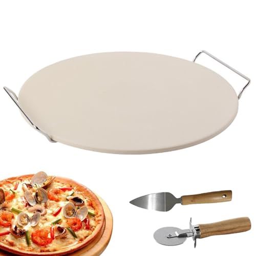 Pizzastein,Pizza Steinplatte,Pizzastein rund,Durchmesser 33 cm, mit Metallhalter Pizzasteinplatte Hochwertige Pizzastein aus Cordierit.Pizzastein für Backofen und Grill - Backstein für Brot