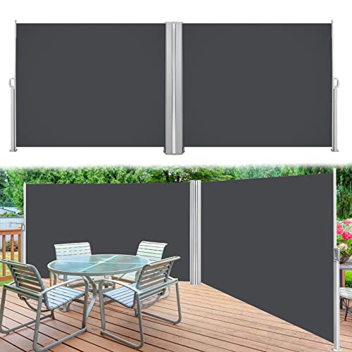 Vigevee Doppel Seitenmarkise, 180x600cm Ausziehbar Sichtschutz Blickdicht Sonnenschutz, Windschutz, UV-beständig Seitenwandmarkise Markise Seitenrollo für Garten, Terrasse, Grau