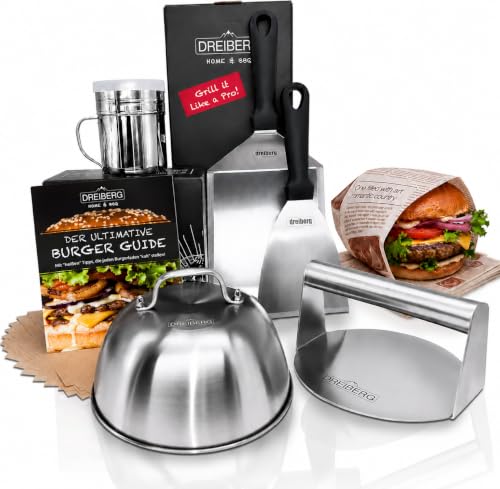 DREIBERG Smash Burger Set aus Edelstahl für Plancha Gasgrill Teppanyaki inkl. Grillspachtel Set Burgerpapier Schmelzglocke Grillpresse Gewürzstreuer und Rezeptbuch (7-TLG.)