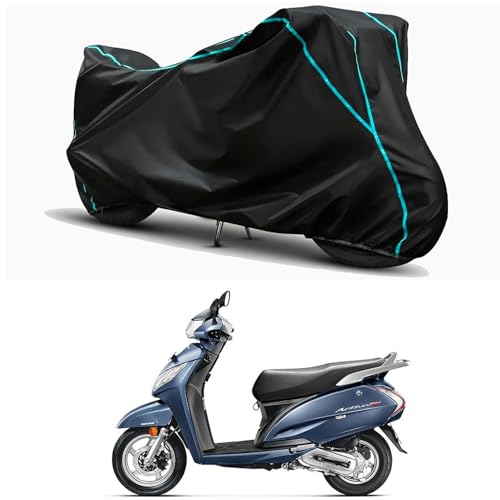 Image of Waterproof Bike Body Cover Compatible for | Honda Activa 125 NEW | Taffeta Fabric, Sky Piping Design, Bottom Elastic Fit | Dustproof, Sun UV & Rain Protection for All Weather.