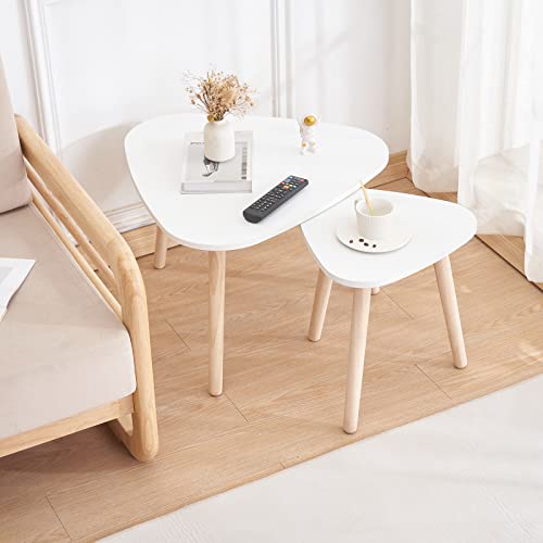 OHMG Lot de 2 Table Basse gigognes Gaia laquées scandinave,Table de Salon Moderne Minimaliste d'Appoint,avec Pieds en Bois de Pin,Balcon