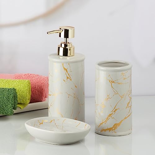 Image of SaSaSa Ceramic Bathroom Set of 3 Modern Bath Accessories Kit with Soap Dispenser, Toothbrush Holder & Dish - Stylish & Elegant Bathroom Decor, Grey /Gold (9731)