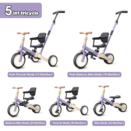 Image of newyoo Toddler Tricycle with Push Handle for 1-3 Year Old, Toddler Bike, Birthday Toy for Boys and Girls, 5 in 1 Kids Trike, Balance Bike with Backrest and Safety Belt, Purple, TR007