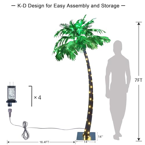 LIGHTSHARE 7FT Lighted Palm Tree, Green LED Artificial Tree for Patio, Poolside, Tropical Summer Décor, Indoor Outdoor Use
