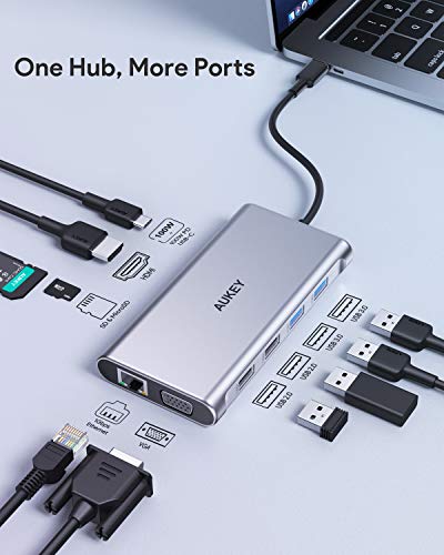AUKEY USB C Hub 10 em 1 adaptador tipo C com Ethernet, 4K HDMI, VGA, 2 USB 3.0, 2 USB 2.0, 100 W PD,