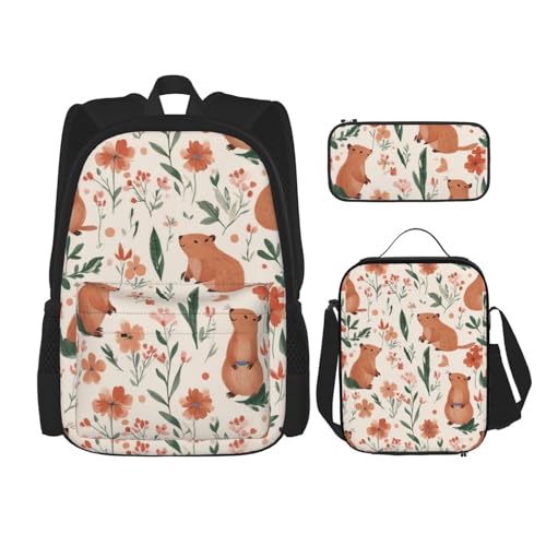 Cute Hamster Flower Backpack With Pencil Case Lunch Bag Combination For Women Men
