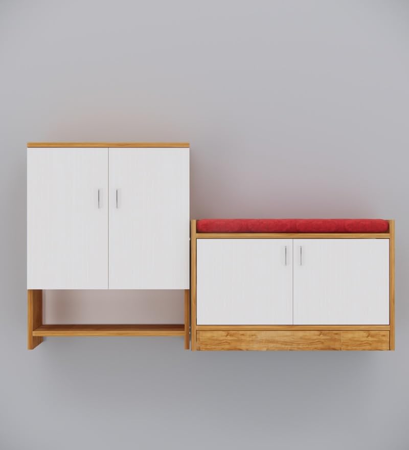 Image of SPECIALITY PANELS Shoe Rack with Cushioned Seating Bench | 2 Door Shoe Cabinet with Storage | Shoe Organizer for Entryway Home Living Room | Combo Set of 2 | DIY Assembly | Oak and White