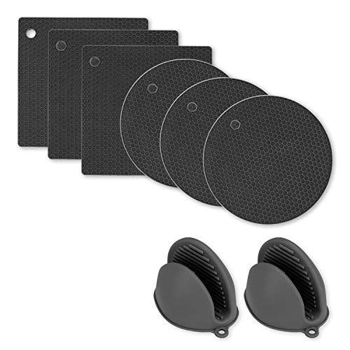 Uktunu Silikon Topf-Untersetzer und Ofenhandschuhe Set 6er Tischset Topfuntersetzer 2er Silikon Handschuhe Pot Holder Anti-Rutsch Topflappen Geeignet für Kochen Backen Grillen Schwarz Cover