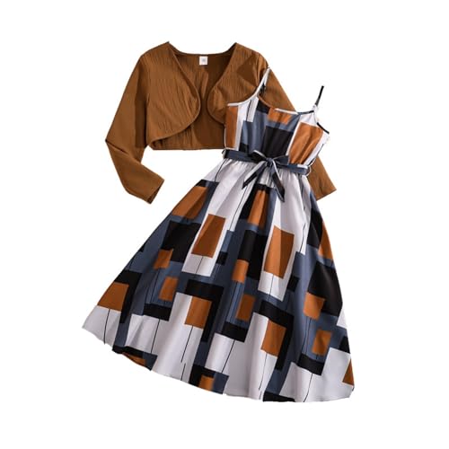 Generisch Zweiteiliges ärmelloses Karo-Kleid mit Langer Freizeitjacke für große Mädchen Teenager im Retro-Farbdesign (Brown, 8-9 Years)