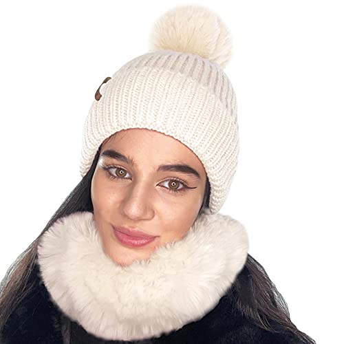 Conjunto de bufanda y gorro de invierno cálido para mujer con pompón y ribete de piel sintética. Totalmente forrado con suave piel de peluche Cover