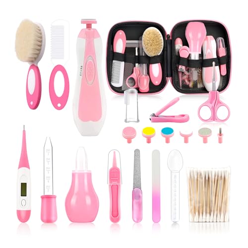Image of Infant Grooming Essentials: Electric Safety Nail Trimmer, Nasal Aspirator, Hair Brush, Comb, Nail Clipper (27 Piece Safety Care Set for Newborns - Pink)