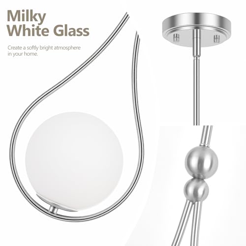 Image of Nickel Pendant Lights Kitchen Island with Milky White Globe Glass, 3 Pack | Mid Century Adjustable Hanging Pendant Light Fixtures