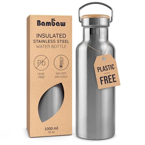Bambaw Stainless Steel Insulated Water Bottle 32 oz, Stainless Steel Water Bottles 32 oz with Handle & Wide Mouth, Rust-Resistant Metal, Durable & Great for Travel (Natural Steel)
