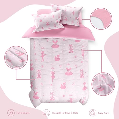 Image of SANDJEST Ballerina Comforter Set Full Size 98x86in for Kids Girls, Microfiber 4 Pcs Bedding Set Includes 1 Comforter, 2 Pillowcases, 1 Fitted Sheet, Nursery Room Decor
