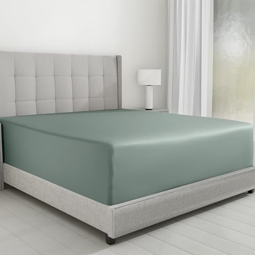 Luxuriously Soft Twin Fitted Sheet, 600 Thread Count Cooling Sheets, Sateen, 100% Cotton Sheets, No-Pop Elastic for Snug Fit, Deep Pocket Bottom Sheet with Head & Foot Tag (Sage Green - Cool Tone)