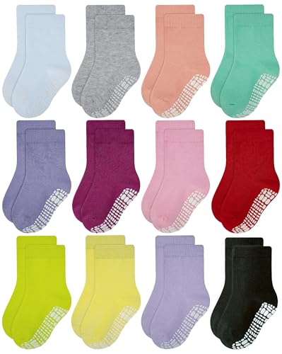 Image of RATIVE Non Skid Anti Slip Cotton Dress Crew Socks With Grips For Baby Infant Toddler Kids Girls