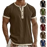 Mens Henley Linen Shirts Beach Casual Short Sleeve Button Up T-Shirt Color Block Summer Tops Husband Bf Bday Clothes Brown