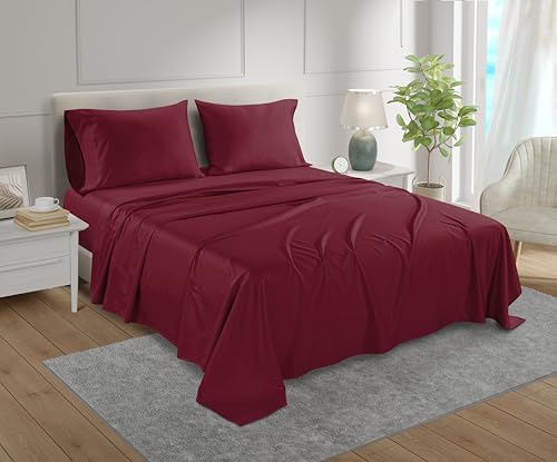 King Sheet Set, 100% Cotton Bed Sheets King Size Sheets Deep Pocket Set, 800 Thread Count Sateen Weave 4 Piece Luxury Bedding, Soft Breathable Machine Washable All Season Comfort- Burgundy