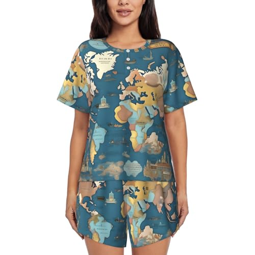 Pyjama deux pièces femme imprimé carte du monde avec haut col rond et short confortable