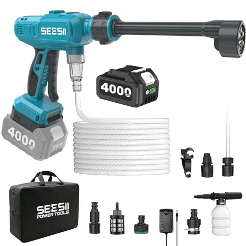 Image of SEESII Cordless Portable Washer, Electric Power Washer with 4000mAh Battery, Lightweight Washer Gun with 6-in-1 Nozzle & 27FT Hose, Handheld Power Cleaner for Car, Driveway, Garden, Patio & Fence