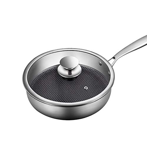Sartén Wok -28 cm Acero Inoxidable Revestimiento Antiadherente Menos Humo de Aceite Conducción de Calor Rápida Con Tapa de Vidrio Templado Apto Para Todas las Estufas, Plata