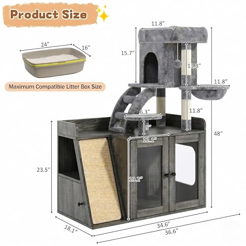 Árbol para gato 48" con caseta y rascador sisal gris miniatura 2