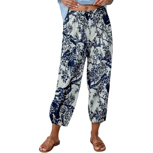 Women's Ankle Pants Elastic Waist Drawstring Cotton Linen Pants Casual Baggy Cropped Trousers with Front Pockets