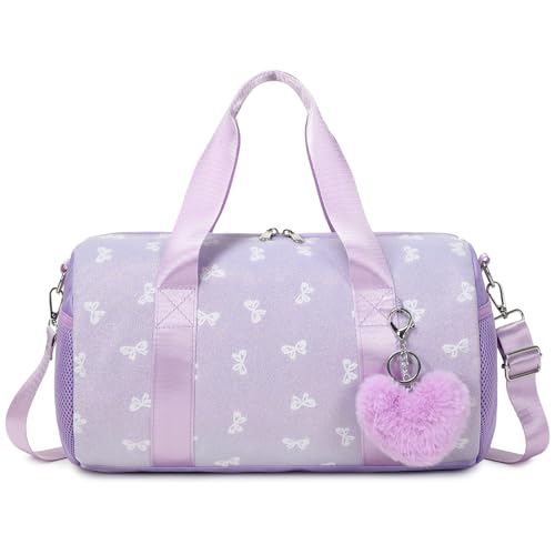 Dance Bag for Little Girls, Purple Soft Plush with Plush Pendant Ballet Gymnastics Sport Overnight Travel Sleepover Bags with Wet and Dry for Girls