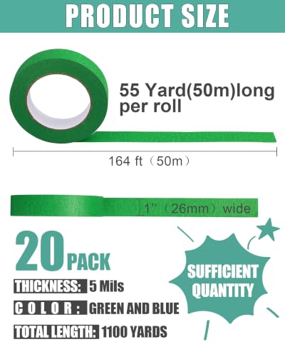Image of Fainne 20 Pcs Green Blue Painters Masking Tape Roll Bulk 1 Inch x 55 Yard