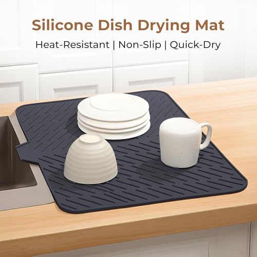 Image of HomeEssentials Silicone Dish Drying Mat for Kitchen - Built-in Drain Lip | Hygienic Drying Pad - Sturdy Compact Easy to Clean Tray Protects Surfaces Prevents Water Build Up - 23 X 17 Inches (Black)