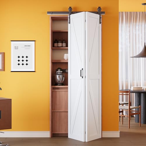 Puerta plegable tipo granero 40" x 84" con paneles prearmados y herraje de riel de 44" | Puertas plegables con núcleo sólido en forma K, puertas terminadas resistentes al agua para clóset o despensa, instalación fácil