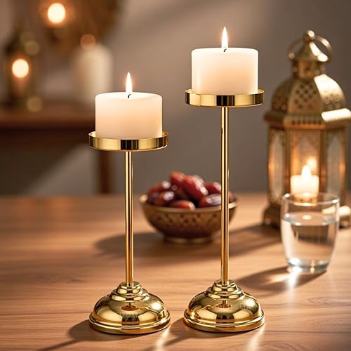Image of Behoma Handcrafted Large Metal Pillar Candle Holders | Table Centerpieces Coffee Tables or Fireplace Mantels | Solid Candles Stand for Christmas, Home Decor, Gift, Valentine's Day | Gold, Set of 2 | Oval stainless steel platter with brass leaf handle, 13 inch; elegant serveware for Navratri & Durga Puja.