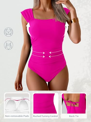 Image of B2prity Womens One Piece Swimsuit Retro Square Neck Tummy Control Bathing Suits Ruched Modest Full Coverage Swimwear