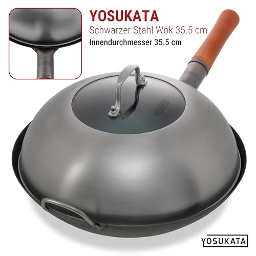 YOSUKATA Wok-Deckel 34,5 cm -304 Edelstahl-Wokdeckel mit Gehärtetem Glas und Dampflöchern - Abdeckung für 36 cm Wokpfanne - Grill- und Käse-Schmelzkuppell - Wok-Zubehör Spülmaschinenfest