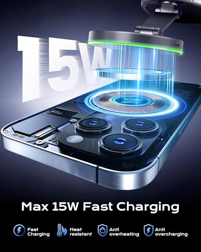 Image of MagSafe Car Charger Mount, 15W Fast Wireless Charging Phone Holder, 108LB Vacuum Suction Cup & 3800gf Strong Magnet, 360 Adjustable Dashboard Windshield Mount for iPhone 17 Pro Max /17 Air /16-12