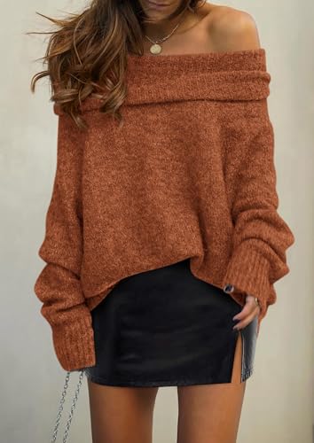 PRETTYGARDEN Women's Off The Shoulder Sweater Long Sleeve Tops 2025 Fall Loose Knit Pullover Sweaters Winter Clothes