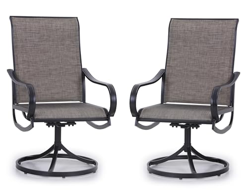 Image of PHI VILLA Swivel Patio Dining Chairs Set of 2, Textilene Mesh Fabric, Brown | High back ergonomic backrest. Black E-coated metal frame for outdoor, deck, lawn, garden. Rust-resistant, easy-clean