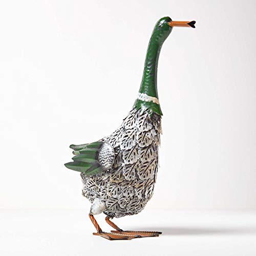 HOMESCAPES Metal Garden Duck Mallard Ornament Hand Painted Detailed Distressed Metal Feathers Handcrafted from 100% Iron Freestanding on Orange Feet, 47 cm
