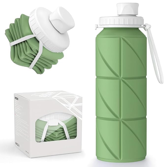 Image of 600ml Folding Silicone Water Bottle Sports Water Bottle Outdoor Travel Portable Water Bottle with Leak-Proof Lid Space-Saving Portable Bottle for Travel, Gym, Hiking, Camping (GREEN)