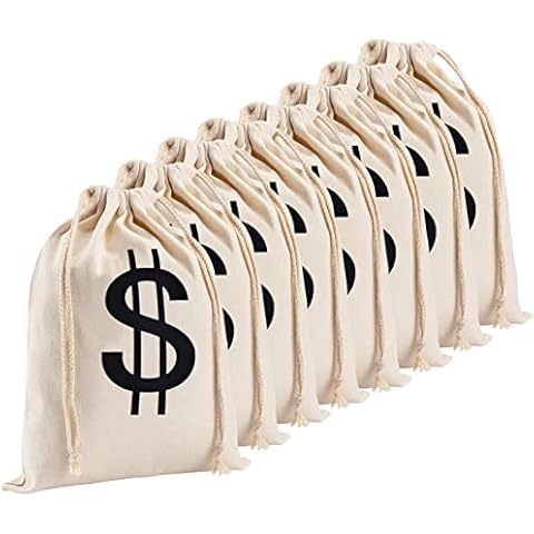 Apipi 8Pcs 6.3 x 9 Inches Canvas Money Bags - Halloween Prop Money Bag with Dollar Sign, Money Sacks for Bank Robber Costume Pirate Cowboy Cosplay Theme Party Cover