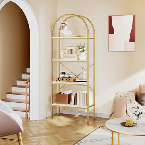 YITAHOME 4-Stufiges Bücherregal (60x30x181 4 cm) Weiß-Gold Regal mit Bogen-Design für Wohnzimmer & Home Office freistehend mit verstellbaren Füßen stabiles Metallgestell modern