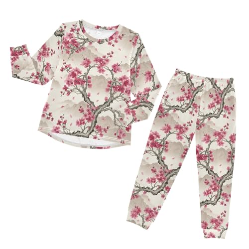ODAWA Cherry Blossom Beige Toddler Boys Girls 2 Piece Long Sleeve Clothing Sets, Soft and Breathable Clothes Spring 4T