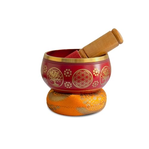 Nature’s Own Buddhist Tibetan Singing Bowl for Meditation - Authentic Metal OM Sound Bowl, Tibetan Prayer Instrument with Wooden Stick, Red 3.5 Inches - Deep Resonance for Healing & Relaxation