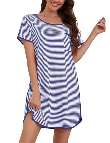 Namatime Camisón de manga corta para mujer, de algodón, para verano, cuello redondo, ropa de dormir a rayas, S-XXL, azul + blanco, L