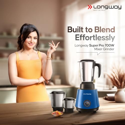 Longway Super Pro Mixer Grinder | Up to 700 Watt Powerful Motor | 3 Jars for Grinding, Mixing, Juicing | 2 Years Warranty (Blue & Black) view 2
