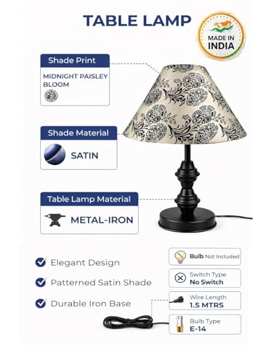Image of Modern Table Lamp with Midnight Paisley Bloom Satin Shade | Metal Iron Base Decorative lamp for Living Room| Decorative Lighting for Living Room, Study & Home Decor, Designer Table Lamp for Gifting