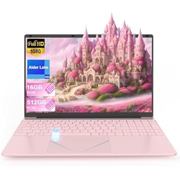 Laptop rosa de 15,6 polegadas, laptop com CPU Quad Core N95 Alder Lake, 16 GB DDR4 512 GB SSD portátil PC com desbloqueio de impressão digital, tela FHD IPS, KB com retroiluminação colorida, WiFi5
