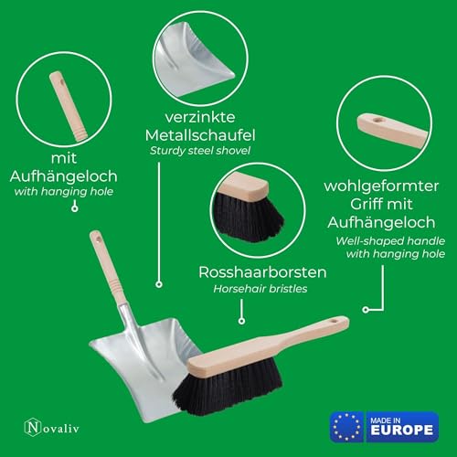 Novaliv Kehrblech Set Kehrblechgarnitur Silber Verzinkt Kehrblechbesen zum Aufkehren Kohleschaufel Handkehrset Kehrblechset Kehrschaufel - geeignet für Camping Feger und Kehrblech