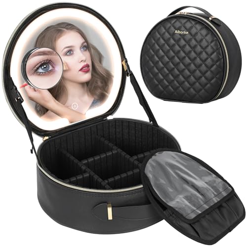 Aiborke Travel Makeup Bag with Led Mirror Makeup Case with Lighted Mirror Cosmetic Organizer bag...