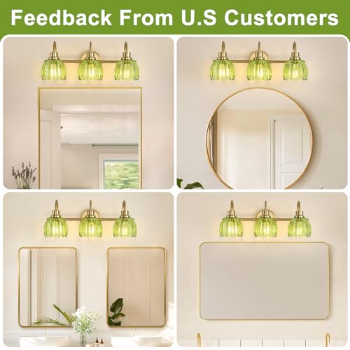 Image of Bathroom Light Fixtures (3-Light, 20 Inch), Brushed Gold Vanity Lights for Bathroom with Ribbed Green Tulip Glass Shade, Vintage Vanity Wall Lights for Mirror Bedroom Living Room Hallway